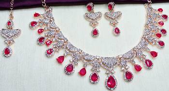 Pink rose gold premium designer american diamond and stone work necklace set 4