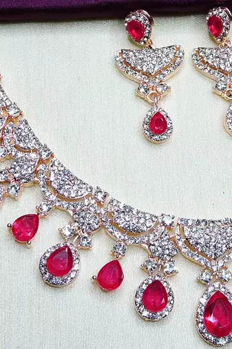 Pink rose gold premium designer american diamond and stone work necklace set