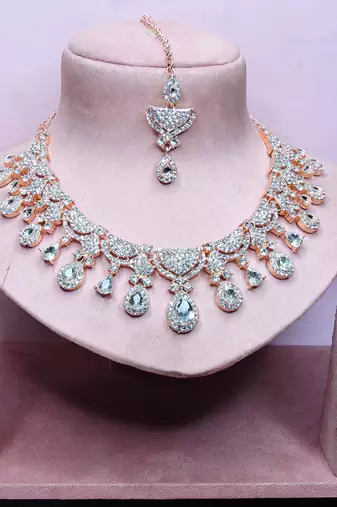 White rose gold premium designer american diamond and stone work necklace set