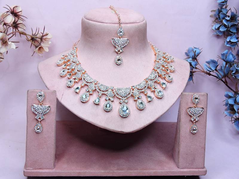 White rose gold premium designer american diamond and stone work necklace set