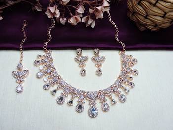 White rose gold premium designer american diamond and stone work necklace set 2