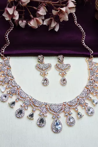 White rose gold premium designer american diamond and stone work necklace set