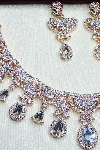 White rose gold premium designer american diamond and stone work necklace set