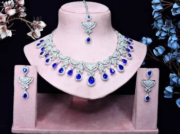 Blue rhodium premium designer american diamond and stone work necklace set 1