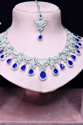 Blue rhodium premium designer american diamond and stone work necklace set