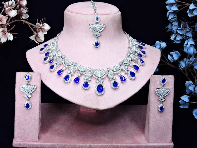 Blue rhodium premium designer american diamond and stone work necklace set