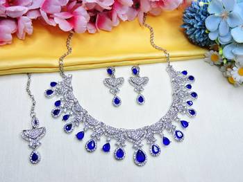 Blue rhodium premium designer american diamond and stone work necklace set 2
