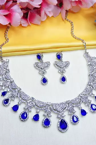 Blue rhodium premium designer american diamond and stone work necklace set