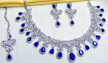 Blue rhodium premium designer american diamond and stone work necklace set 3