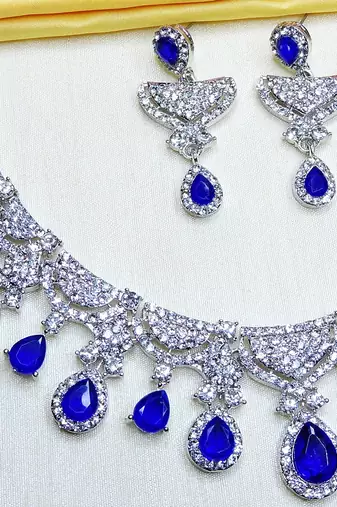 Blue rhodium premium designer american diamond and stone work necklace set