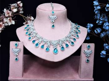 blue rhodium premium designer american diamond and stone work necklace set 1