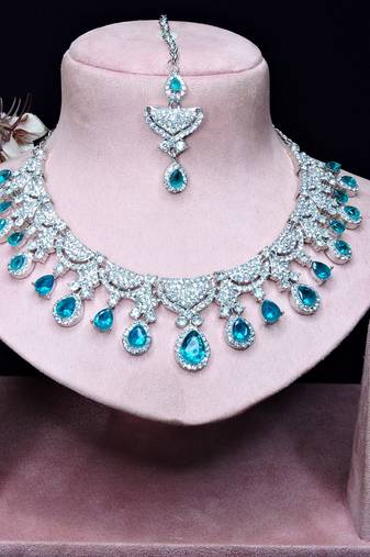 blue rhodium premium designer american diamond and stone work necklace set