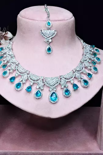 blue rhodium premium designer american diamond and stone work necklace set