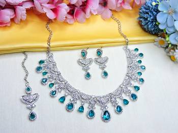 blue rhodium premium designer american diamond and stone work necklace set 2
