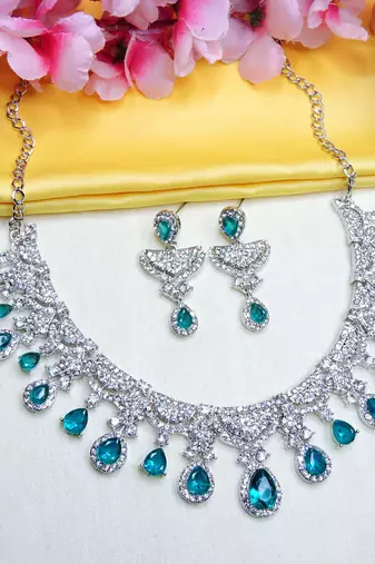 blue rhodium premium designer american diamond and stone work necklace set