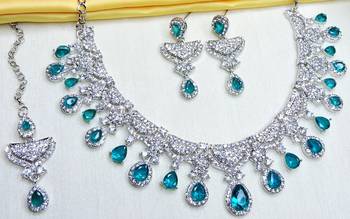blue rhodium premium designer american diamond and stone work necklace set 3