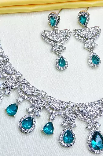 blue rhodium premium designer american diamond and stone work necklace set