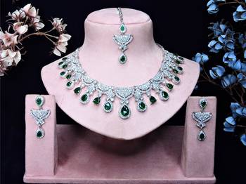 Green rhodium premium designer american diamond and stone work necklace set 1