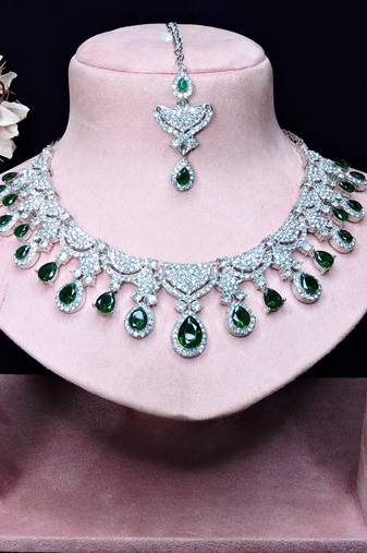 Green rhodium premium designer american diamond and stone work necklace set