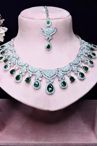 Green rhodium premium designer american diamond and stone work necklace set