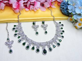 Green rhodium premium designer american diamond and stone work necklace set 2