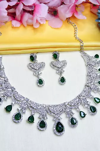 Green rhodium premium designer american diamond and stone work necklace set