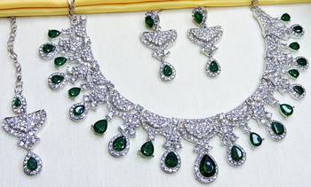 Green rhodium premium designer american diamond and stone work necklace set 3