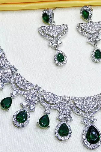 Green rhodium premium designer american diamond and stone work necklace set