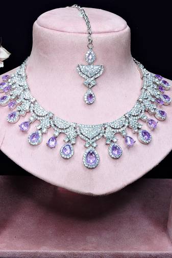 Purple rhodium premium designer american diamond and stone work necklace set