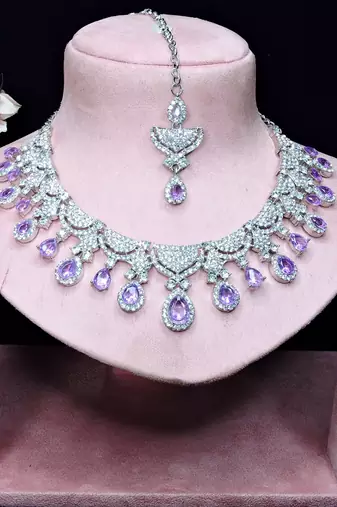 Purple rhodium premium designer american diamond and stone work necklace set