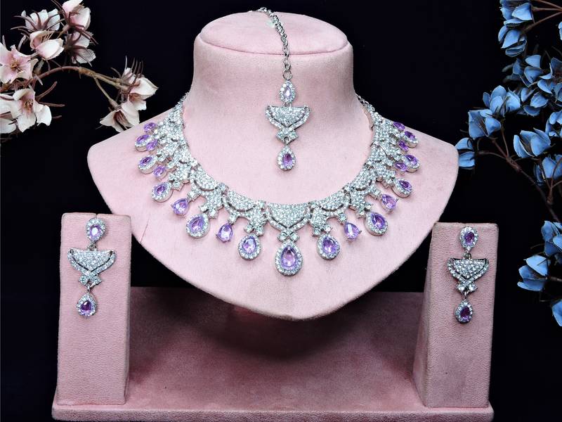 Purple rhodium premium designer american diamond and stone work necklace set