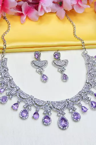 Purple rhodium premium designer american diamond and stone work necklace set