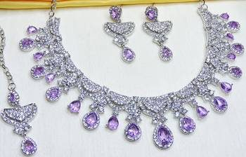 Purple rhodium premium designer american diamond and stone work necklace set 3