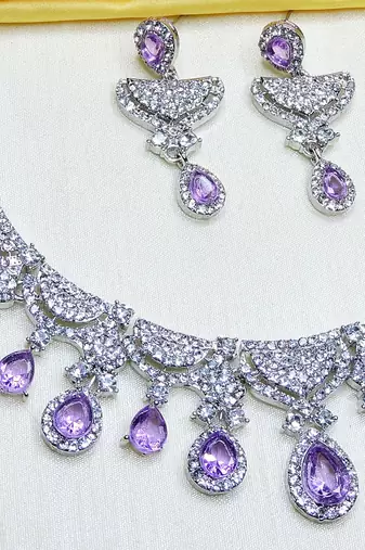 Purple rhodium premium designer american diamond and stone work necklace set
