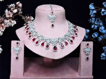 Maroon rhodium premium designer american diamond and stone work necklace set 1
