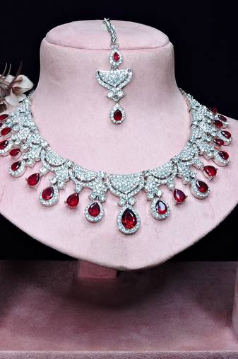 Maroon rhodium premium designer american diamond and stone work necklace set