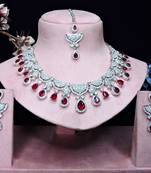 Maroon rhodium premium designer american diamond and stone work necklace set