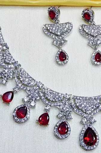 Maroon rhodium premium designer american diamond and stone work necklace set