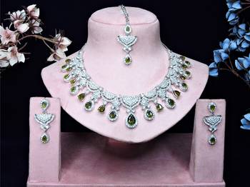 Green rhodium premium designer american diamond and stone work necklace set 1