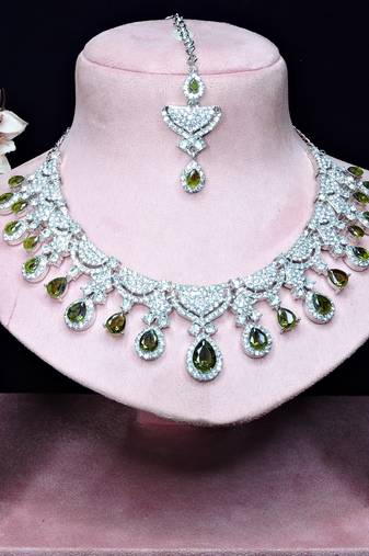 Green rhodium premium designer american diamond and stone work necklace set