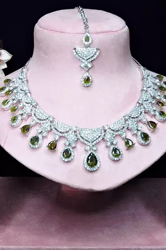 Green rhodium premium designer american diamond and stone work necklace set