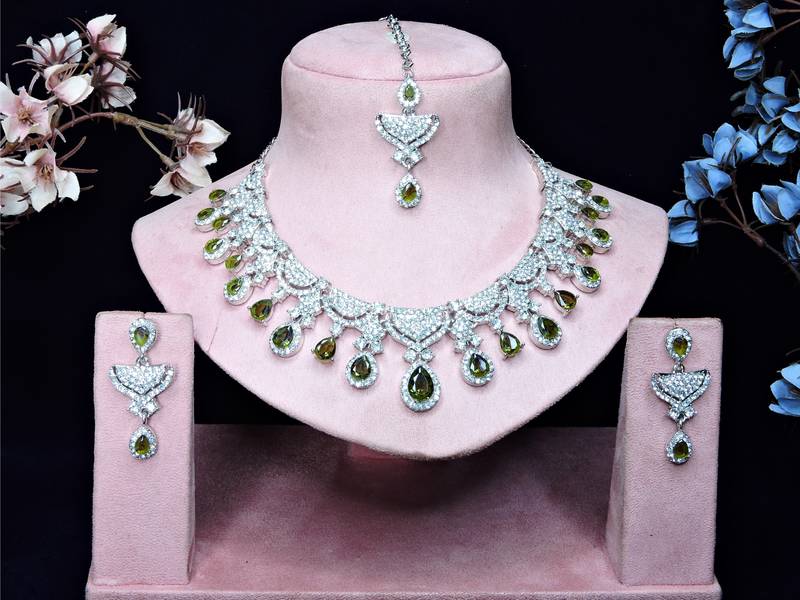 Green rhodium premium designer american diamond and stone work necklace set