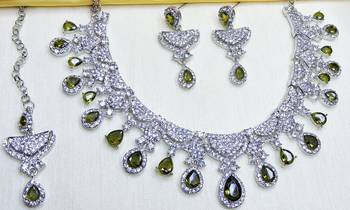 Green rhodium premium designer american diamond and stone work necklace set 2