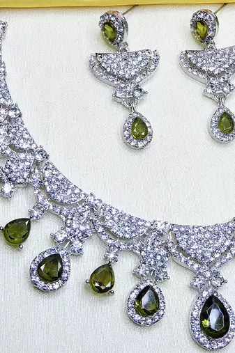 Green rhodium premium designer american diamond and stone work necklace set