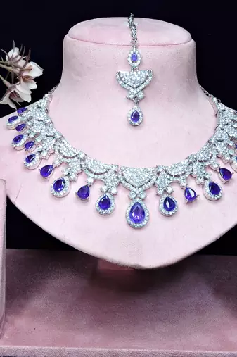 Blue rhodium premium designer american diamond and stone work necklace set