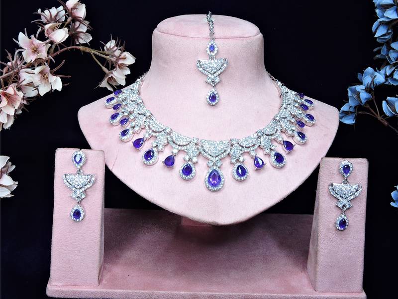 Blue rhodium premium designer american diamond and stone work necklace set