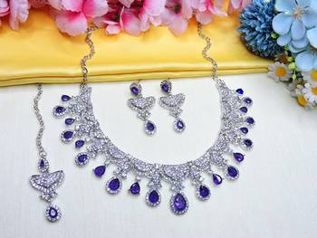 Blue rhodium premium designer american diamond and stone work necklace set 2