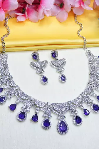 Blue rhodium premium designer american diamond and stone work necklace set