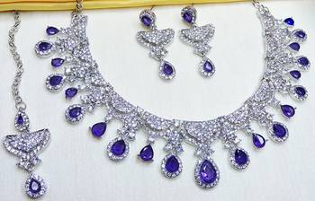 Blue rhodium premium designer american diamond and stone work necklace set 3