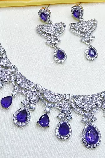 Blue rhodium premium designer american diamond and stone work necklace set